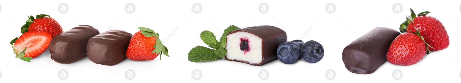 Image of Collage of glazed curd cheese bars with strawberry and blueberry fillings on white background