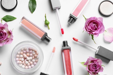 Beautiful composition with lipsticks on white background, flat lay