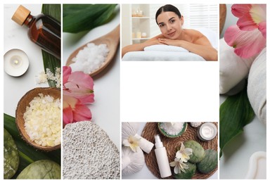Image of Beauty and health care, collage. Photo of woman relaxing in spa salon, different supplies and products. Space for text