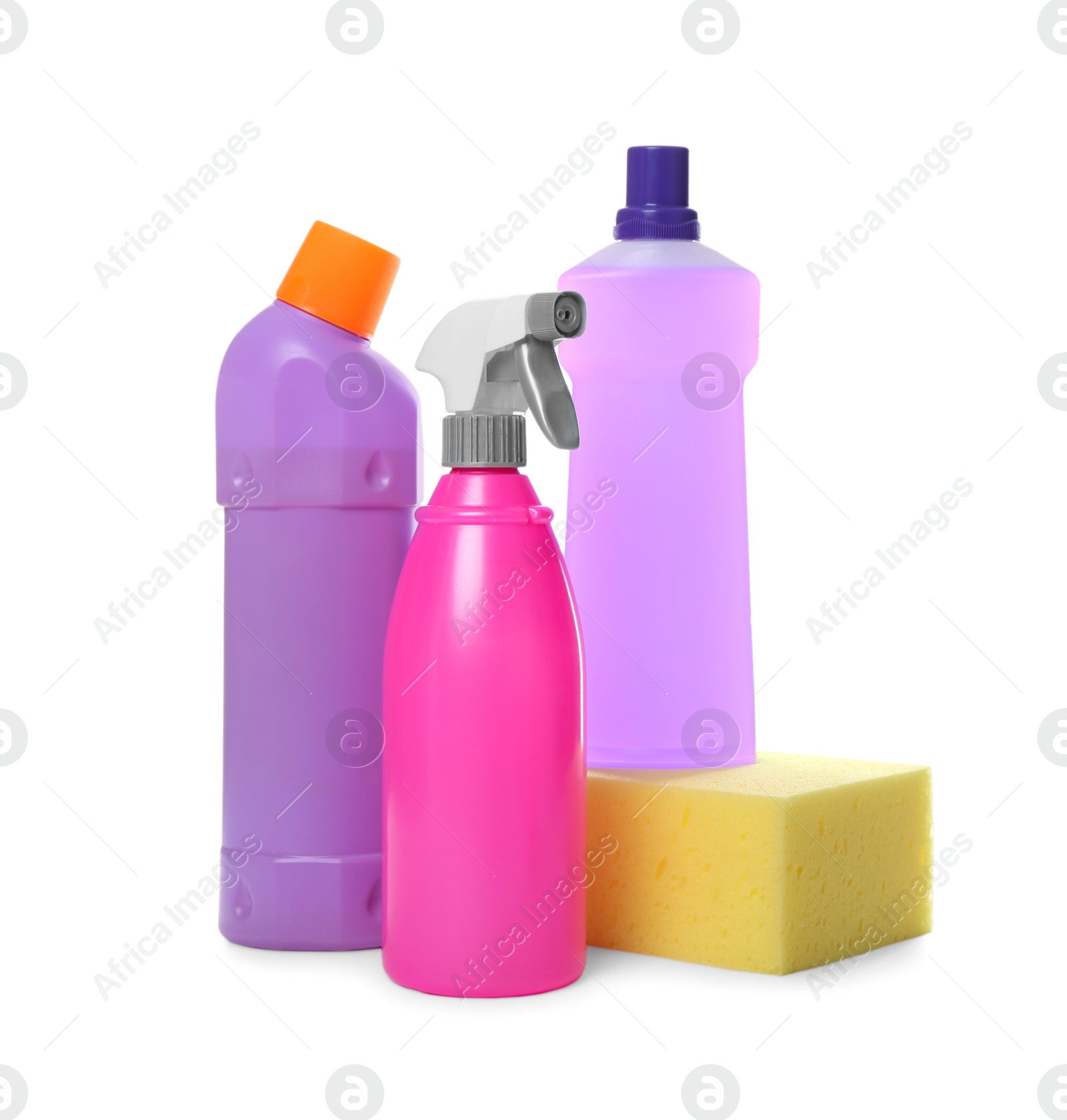 Photo of Different cleaning products and sponge on white background