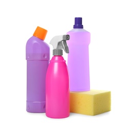 Photo of Different cleaning products and sponge on white background