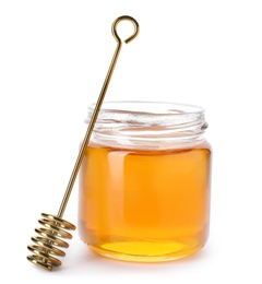 Jar with delicious honey and dipper on white background