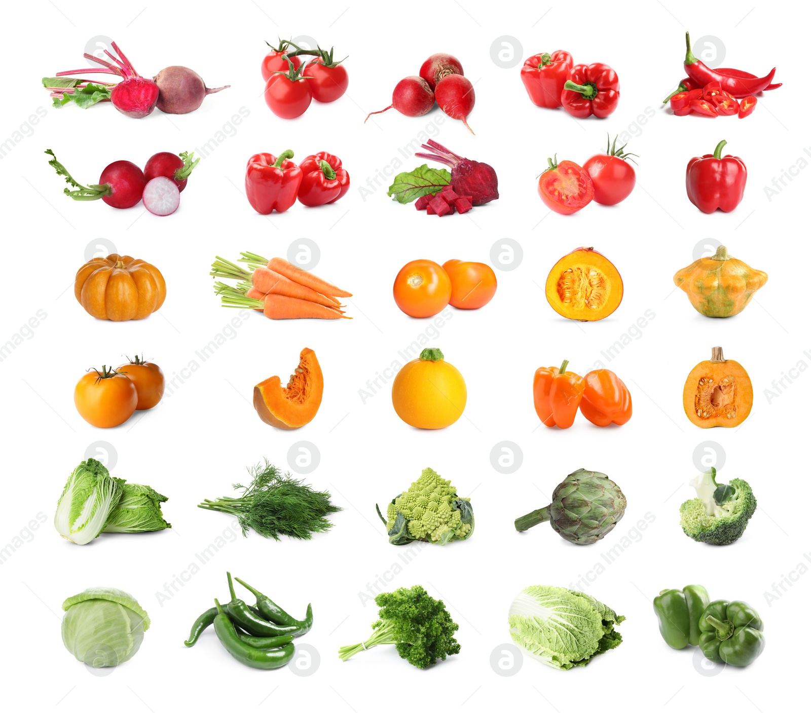 Image of Collage with many fresh vegetables on white background