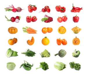 Image of Collage with many fresh vegetables on white background