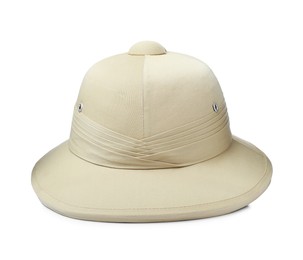 Photo of Stylish safari hat isolated on white. Tourist outfit