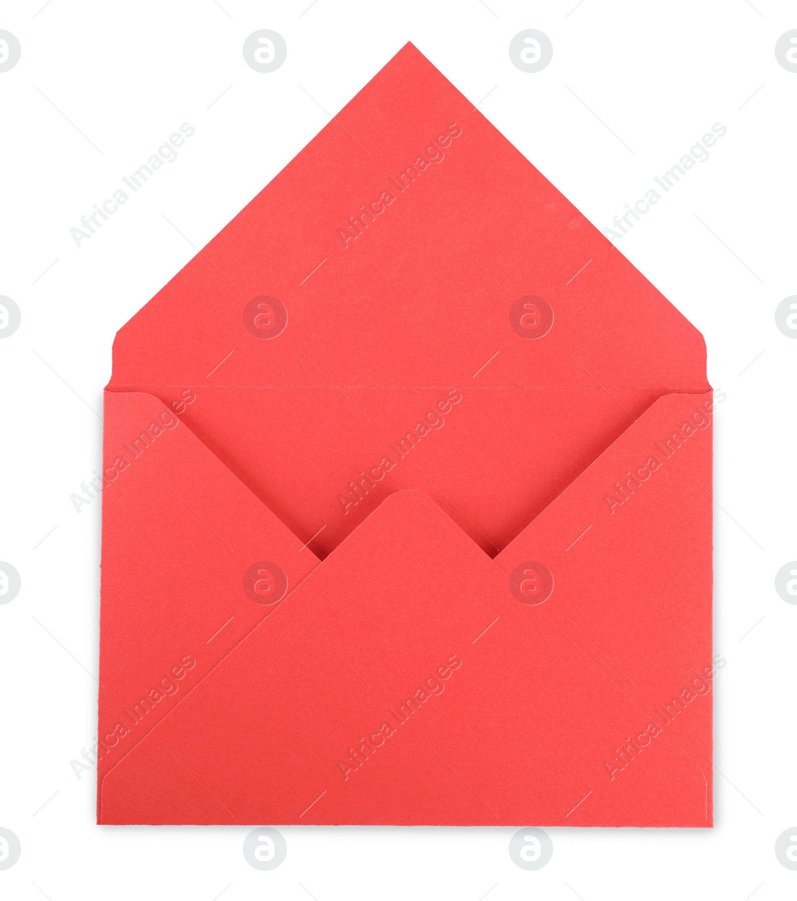 Photo of Open red letter envelope isolated on white, top view