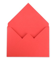 Photo of Open red letter envelope isolated on white, top view