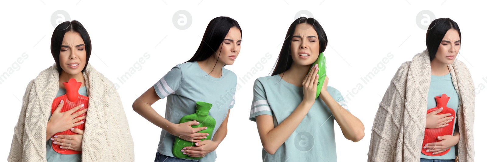 Image of Woman with hot water bottle on white background, collage. Banner design  