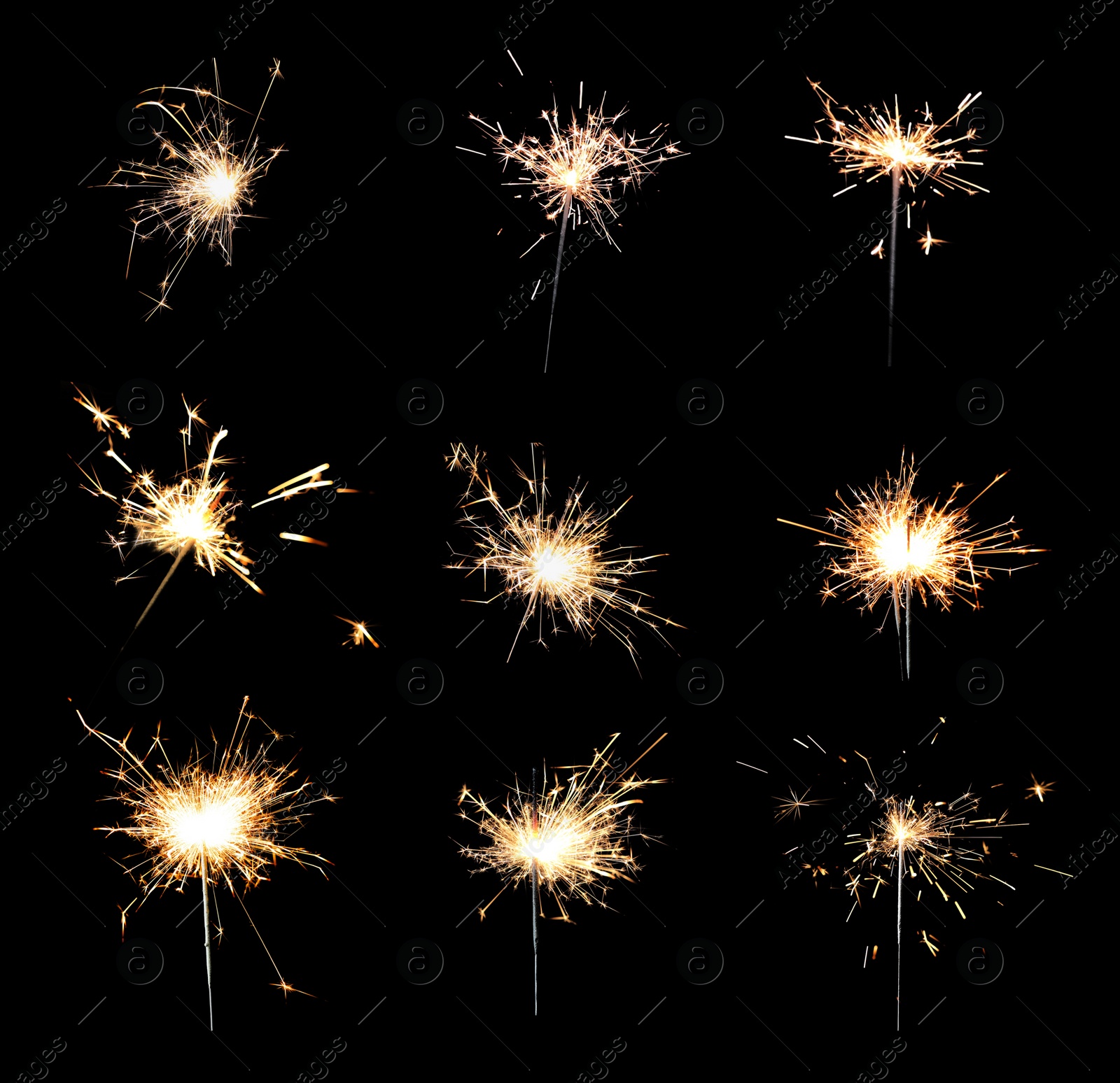 Image of Collage with bright burning sparklers on black background