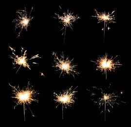 Collage with bright burning sparklers on black background