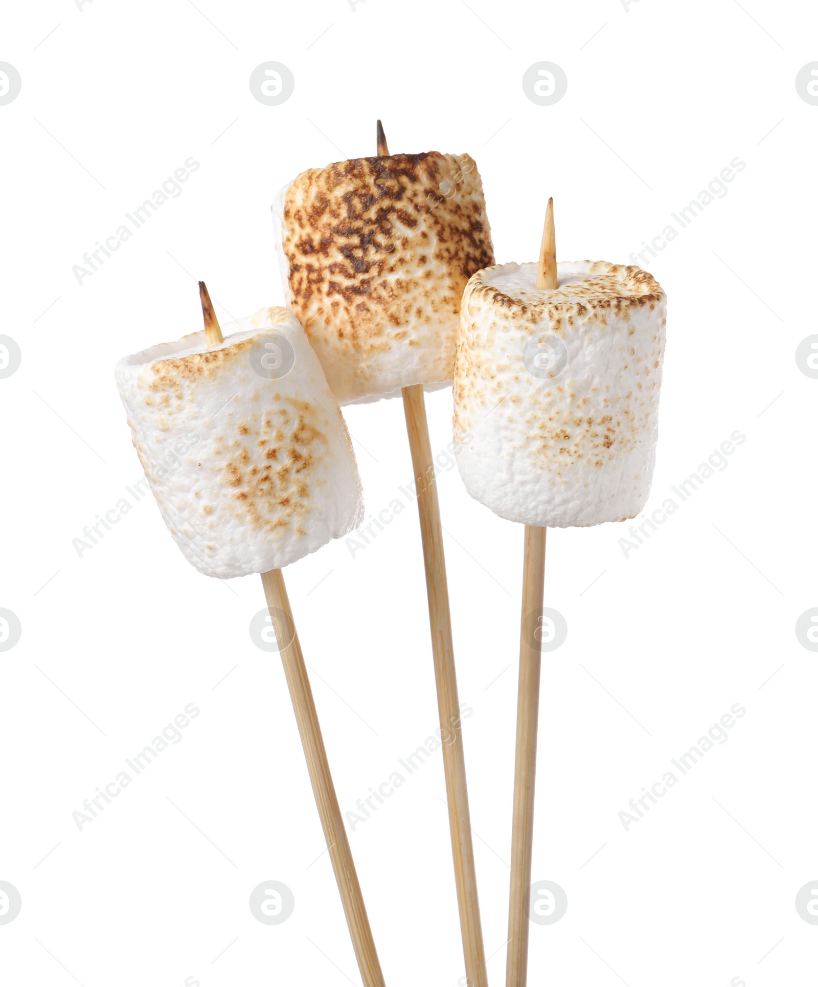 Photo of Sticks with roasted marshmallows on white background