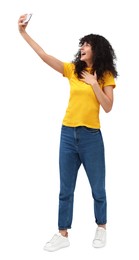 Photo of Beautiful young woman taking selfie on white background