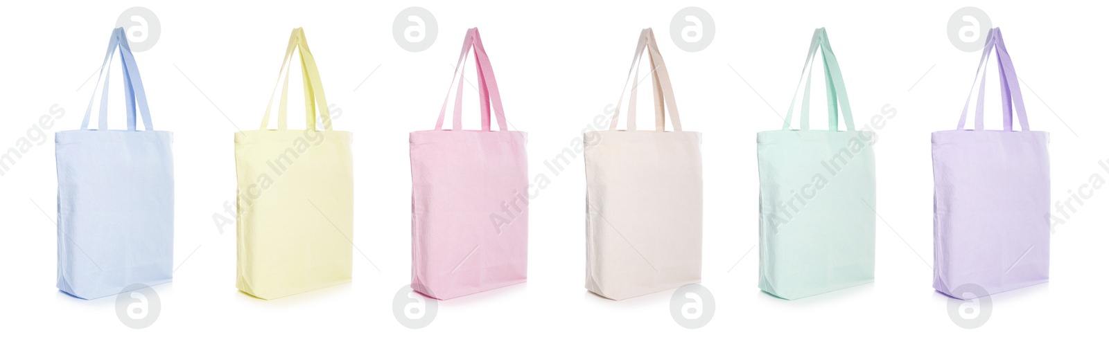 Image of Set of colorful eco bags on white background. Banner design