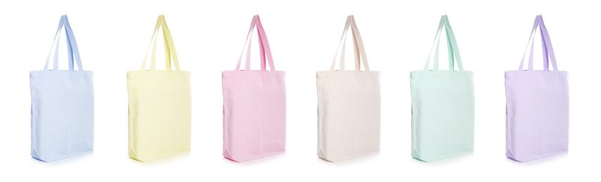 Image of Set of colorful eco bags on white background. Banner design