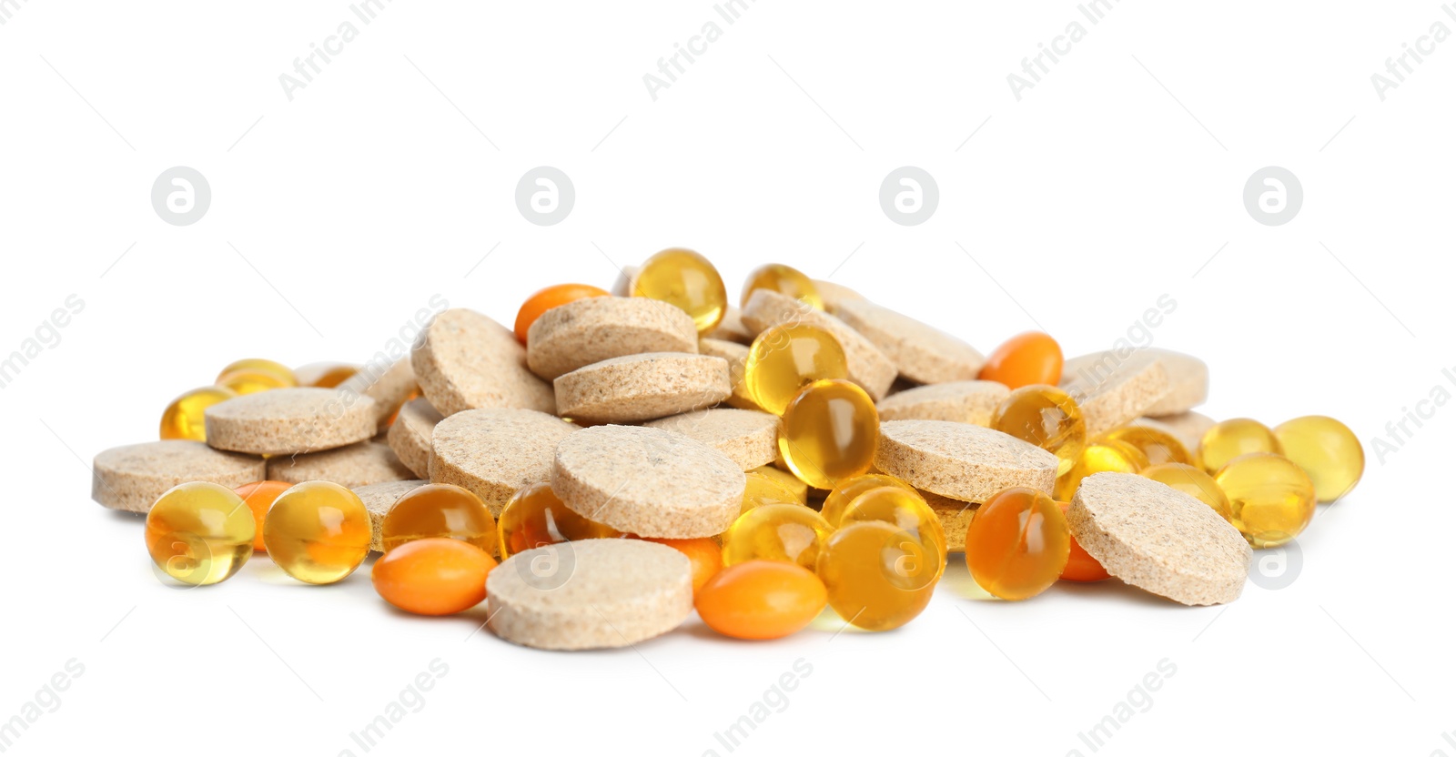 Photo of Pile of different vitamin pills isolated on white