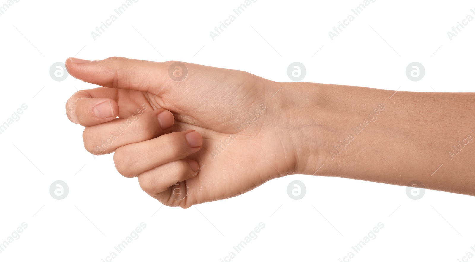 Photo of Woman holding something on white background, closeup of hand