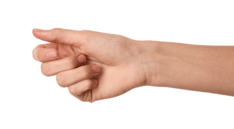 Photo of Woman holding something on white background, closeup of hand