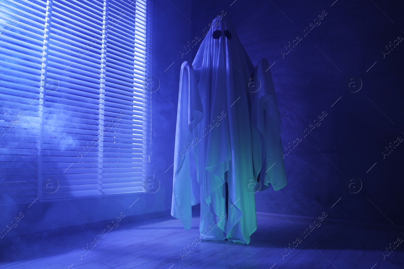 Photo of Creepy ghost. Woman covered with sheet near window in blue light