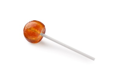 Photo of One sweet orange lollipop isolated on white