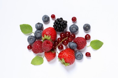 Photo of Many different fresh berries on white background, flat lay