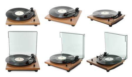Image of Turntables with vinyl records on white background, collage. Banner design