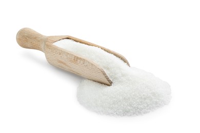 Photo of Scoop with granulated sugar isolated on white