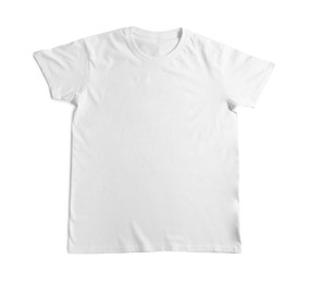 Photo of Stylish t-shirt isolated on white, top view. Mockup for design