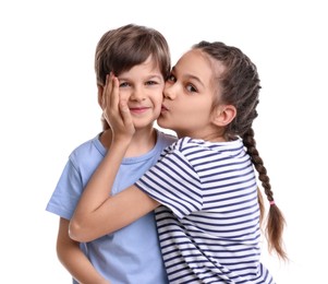 Photo of Happy brother and sister on white background