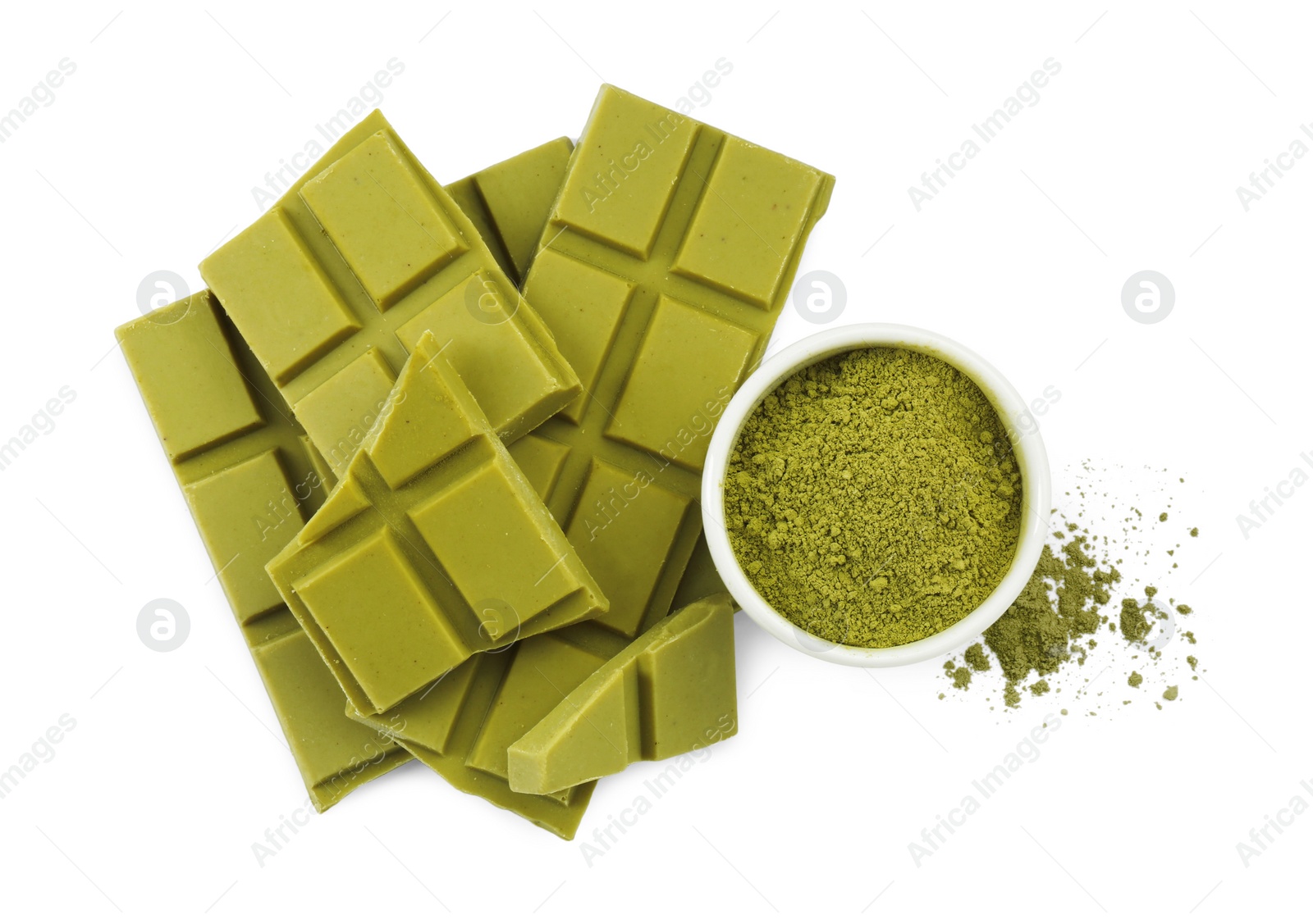 Photo of Pieces of tasty matcha chocolate bar and powder isolated on white, top view