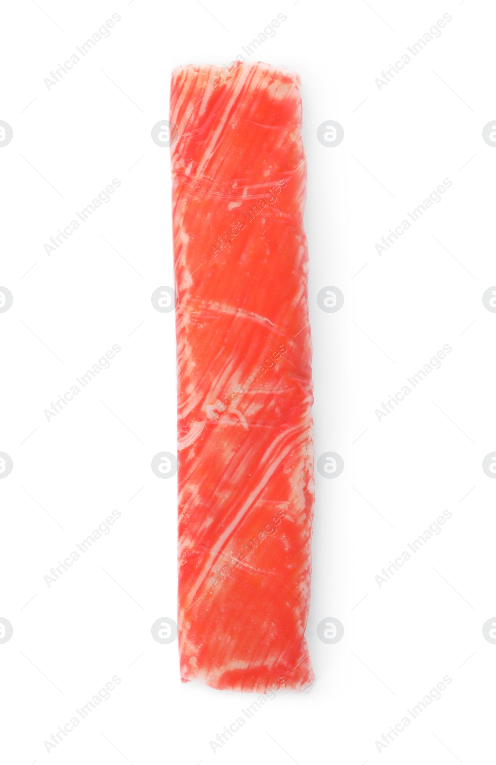 Photo of Fresh delicious crab stick isolated on white, top view