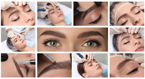 Collage with different photos of women undergoing permanent makeup procedures