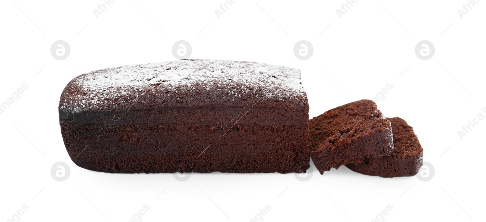 Photo of Tasty chocolate sponge cake with powdered sugar on white background