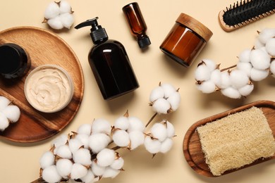 Bath accessories. Flat lay composition with personal care products on beige background