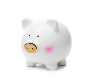Photo of Cute piggy bank with golden snout on white background