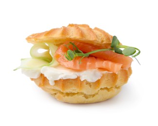 Photo of Delicious profiterole with cream cheese and salmon isolated on white