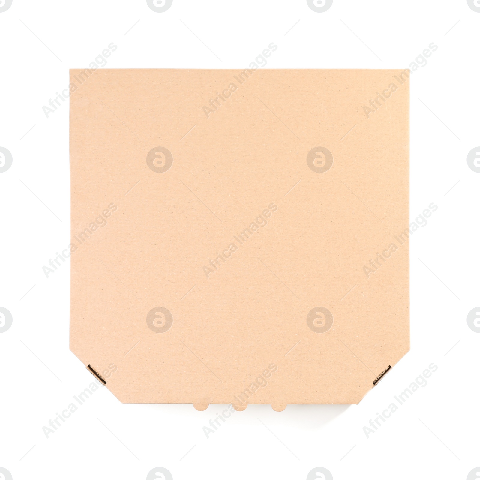 Photo of Cardboard pizza box on white background, top view. Mockup for design