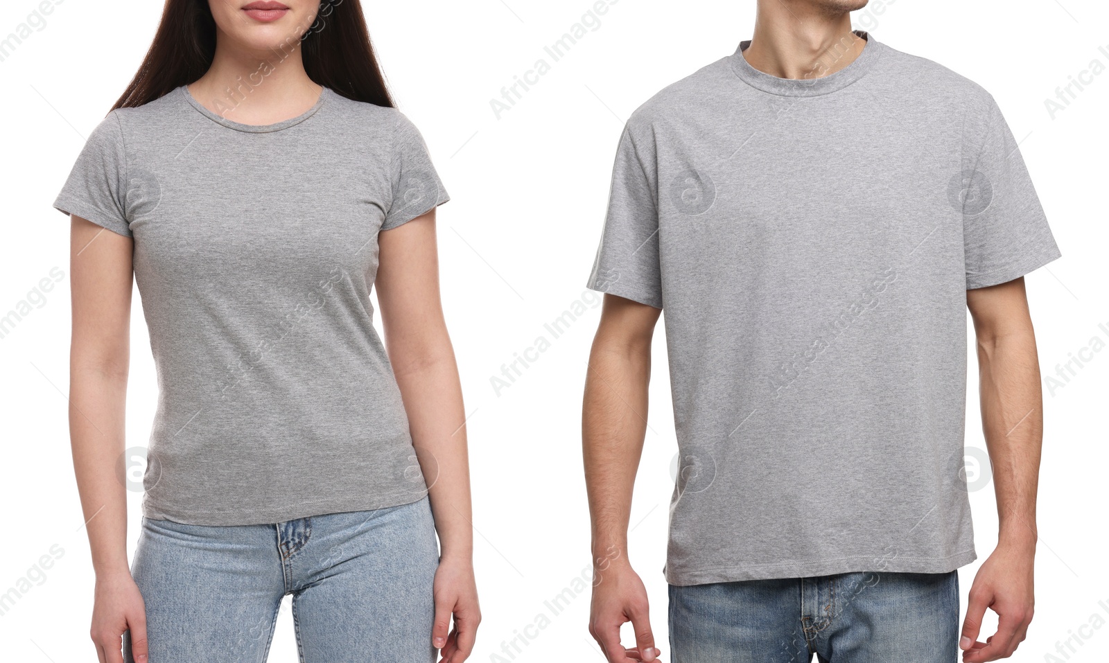 Image of People wearing grey t-shirts on white background, closeup. Mockup for design