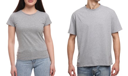 People wearing grey t-shirts on white background, closeup. Mockup for design