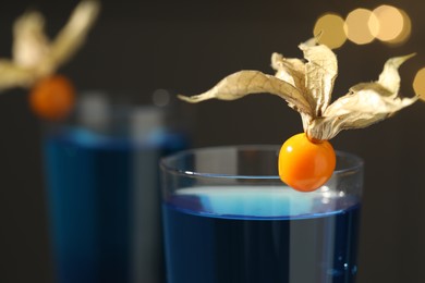 Photo of Refreshing cocktails decorated with physalis fruits on dark background, closeup