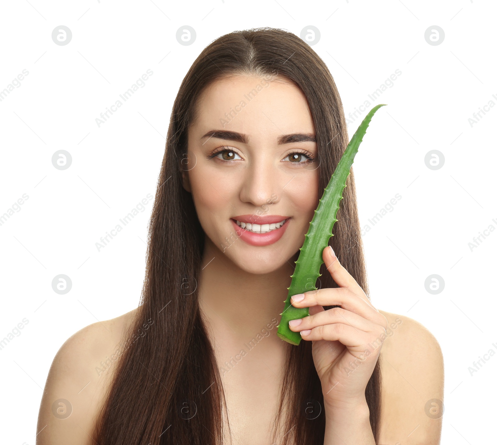 Photo of Young woman with aloe vera leaf on white background