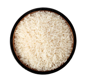 Photo of Plate with uncooked long grain rice on white background, top view