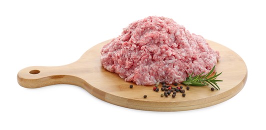 Photo of Raw fresh minced meat with rosemary and pepper isolated on white