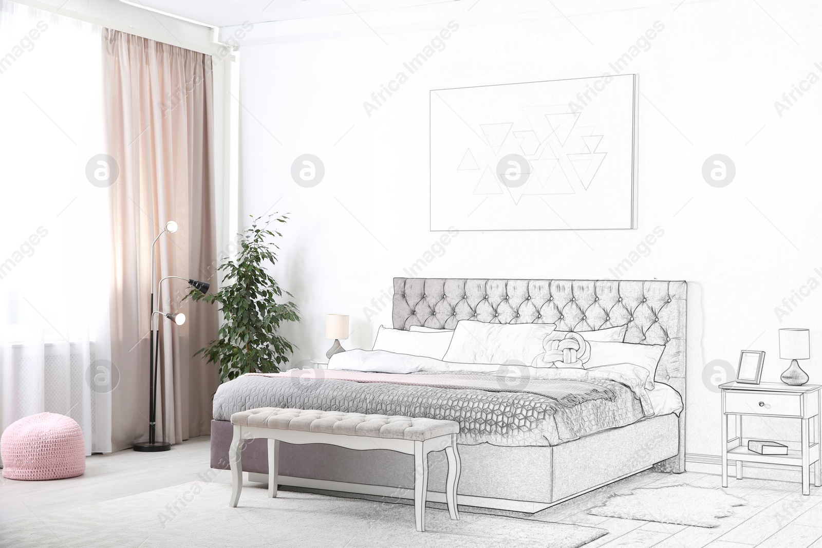 Image of Stylish bedroom interior with modern furniture. Combination of photo and sketch