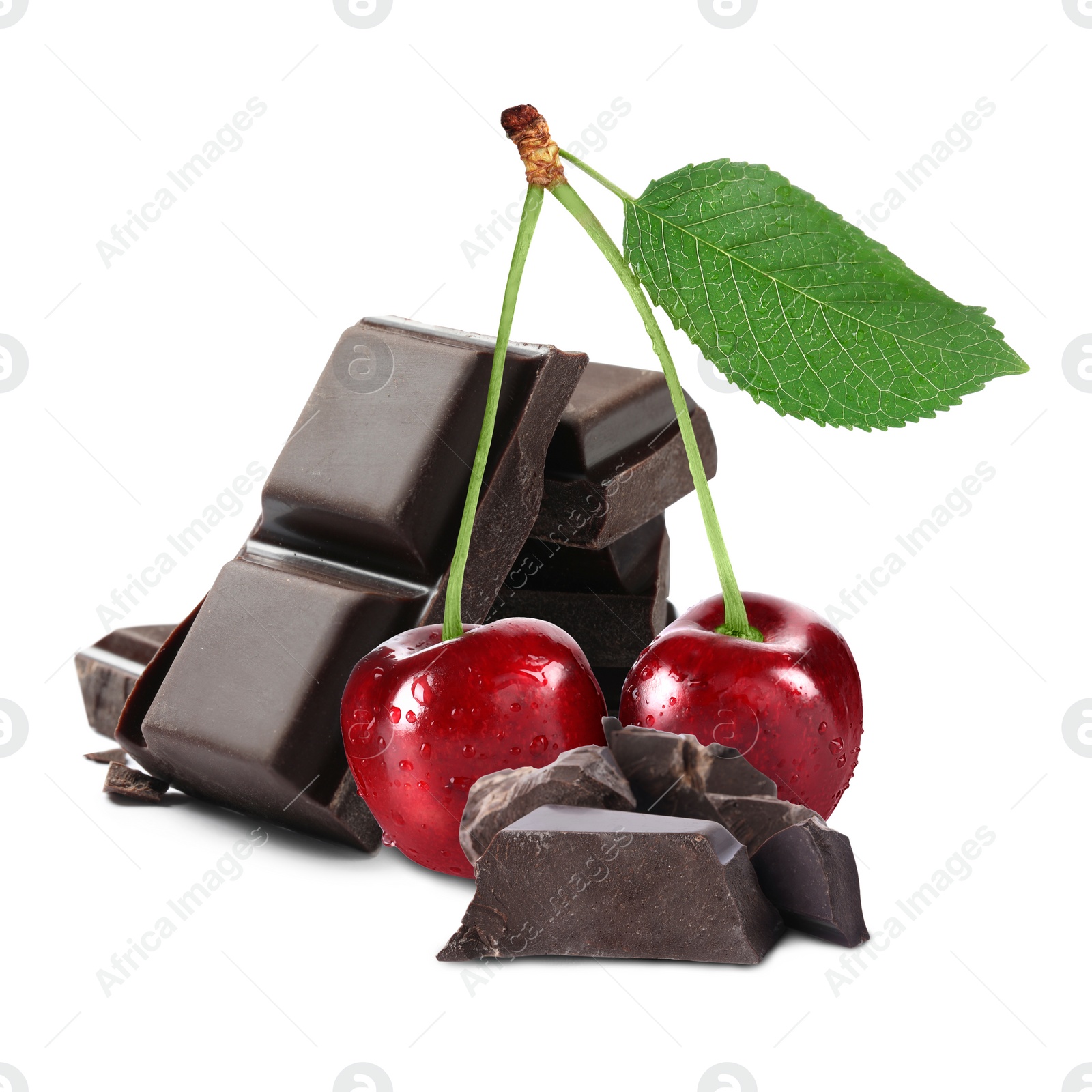 Image of Fresh cherries and pieces of dark chocolate isolated on white