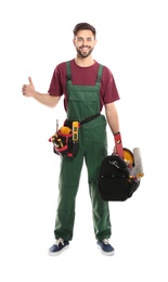 Full length portrait of professional construction worker with tools on white background