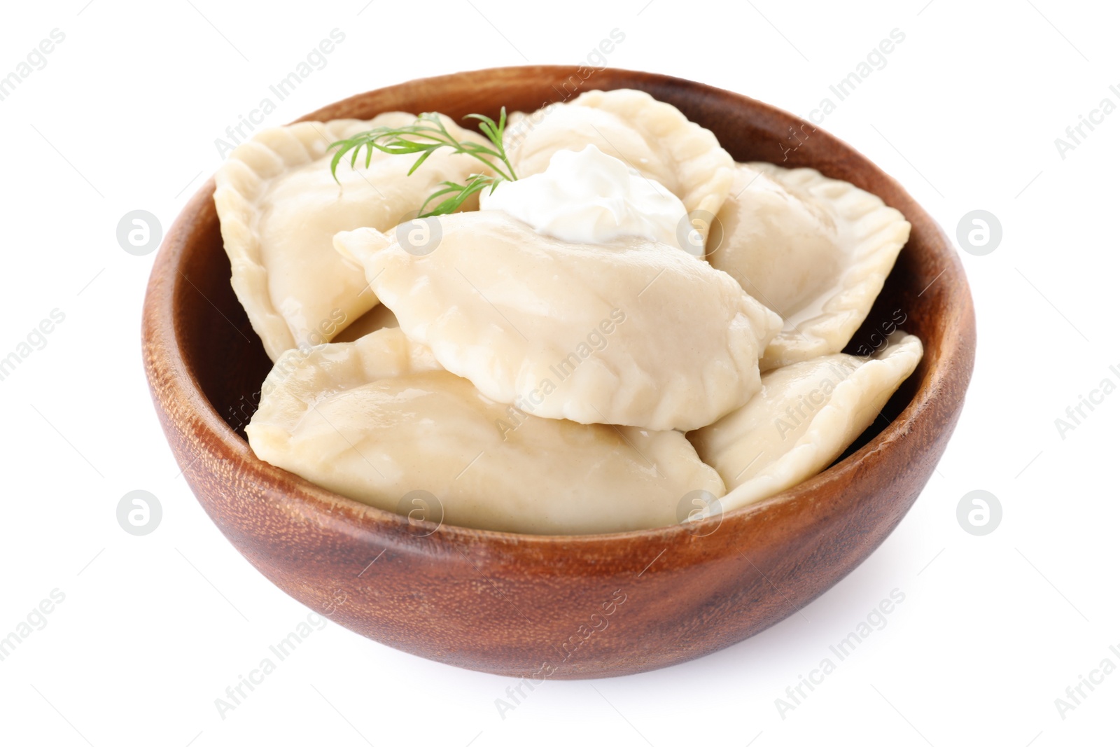 Photo of Bowl of tasty cooked dumplings isolated on white
