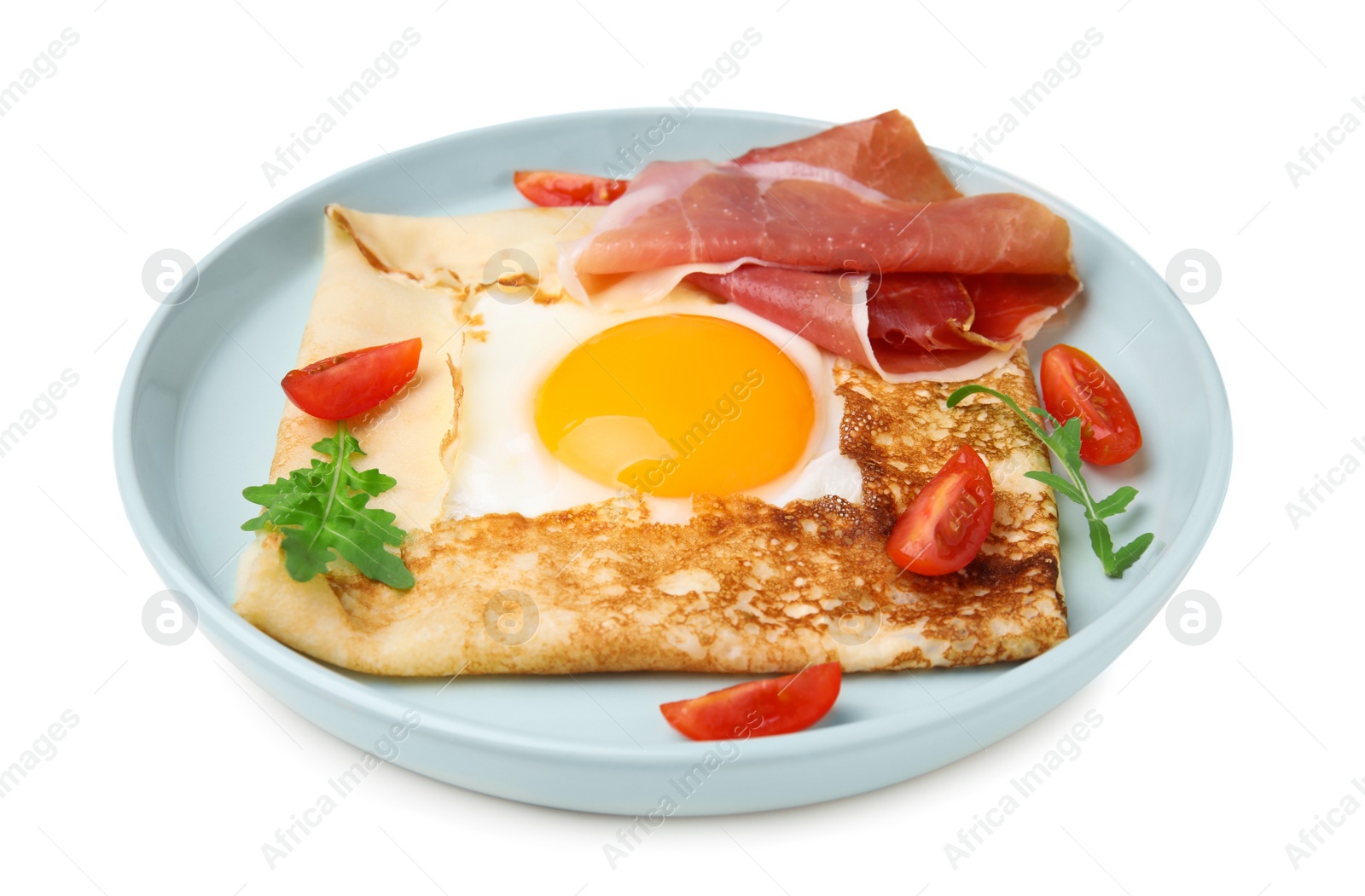 Photo of Delicious crepe with egg isolated on white. Breton galette