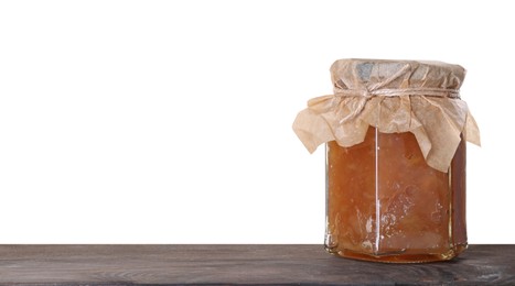 Photo of Delicious apple jam in jar on wooden table against white background, space for text