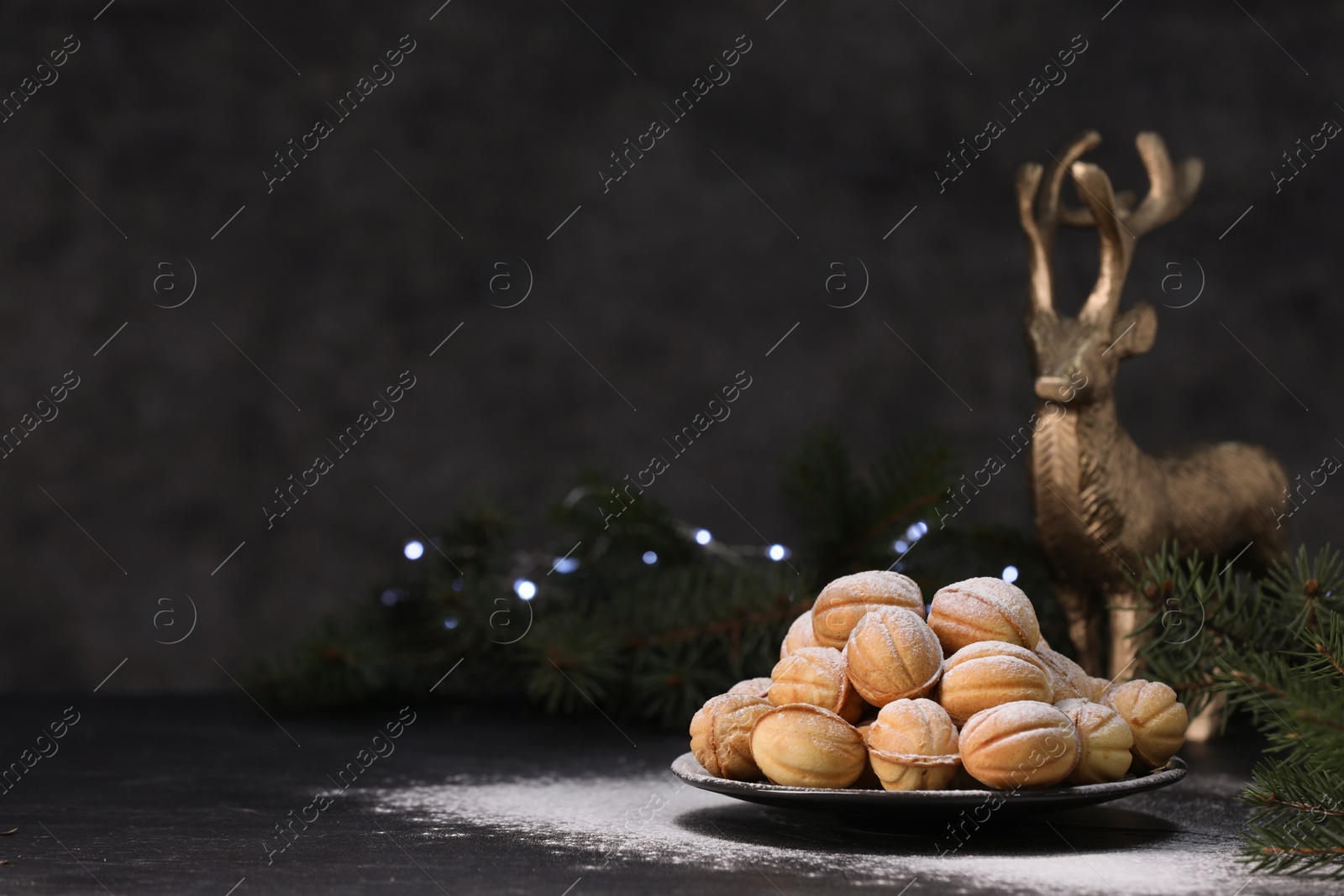 Photo of Plate of tasty nut shaped cookies with powdered sugar near fir branch on black table. Space for text