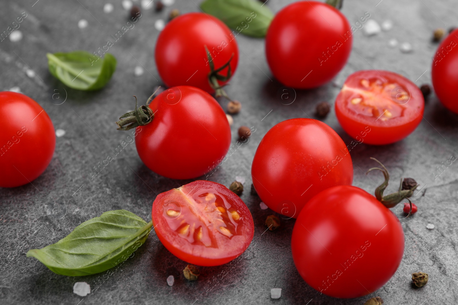 Photo of Ripe tomatoes, basil and spices on gray textured table, closeup